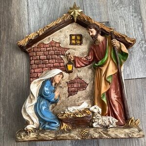 Traditional Nativity Scene with Blue and Brown Details